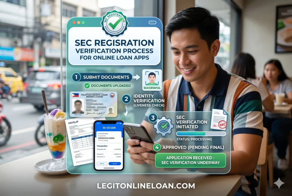 Borrower checking SEC registration of a Philippine online lending app using official company records and mobile app details