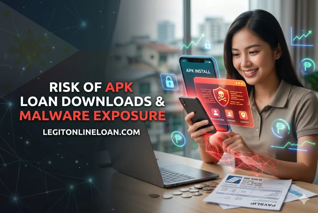Borrower downloading loan APK from unofficial website with cybersecurity warning signs