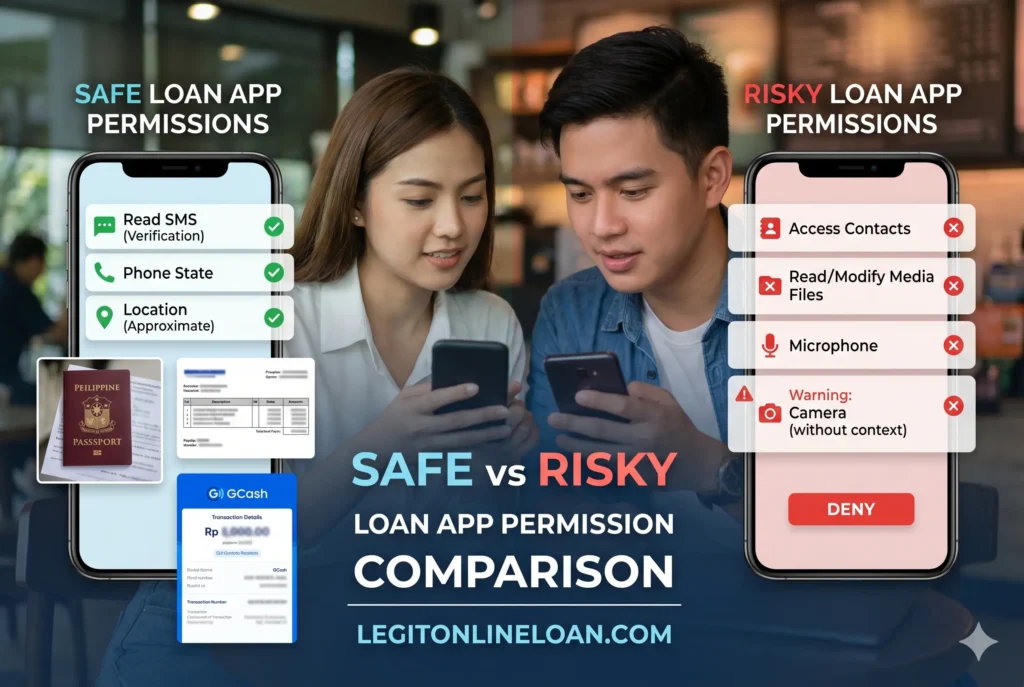 Safe vs Risky Loan App Permission Comparison Comparison chart showing reasonable and excessive online lending app permissions