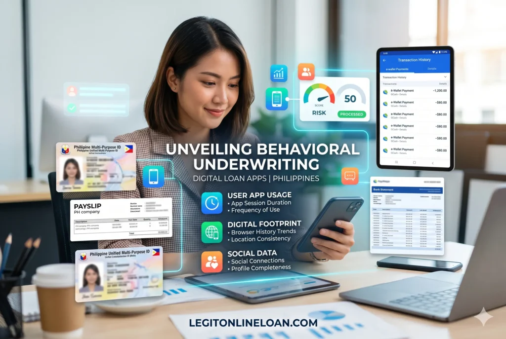 Digital lending risk assessment showing identity verification, repayment probability, device analysis, and fraud detection factors