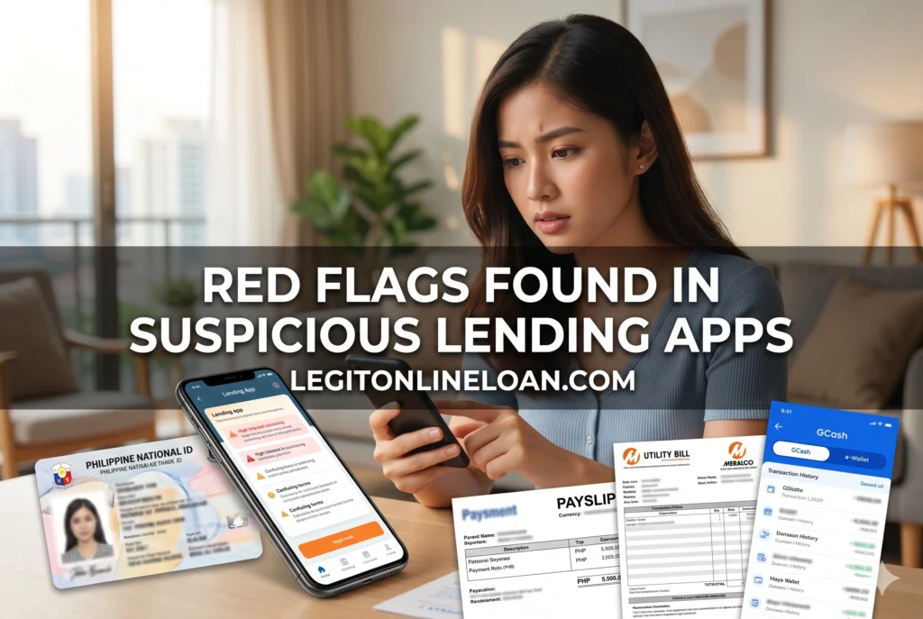 Examples of risky online loan app warning signs including fake reviews and excessive permissions