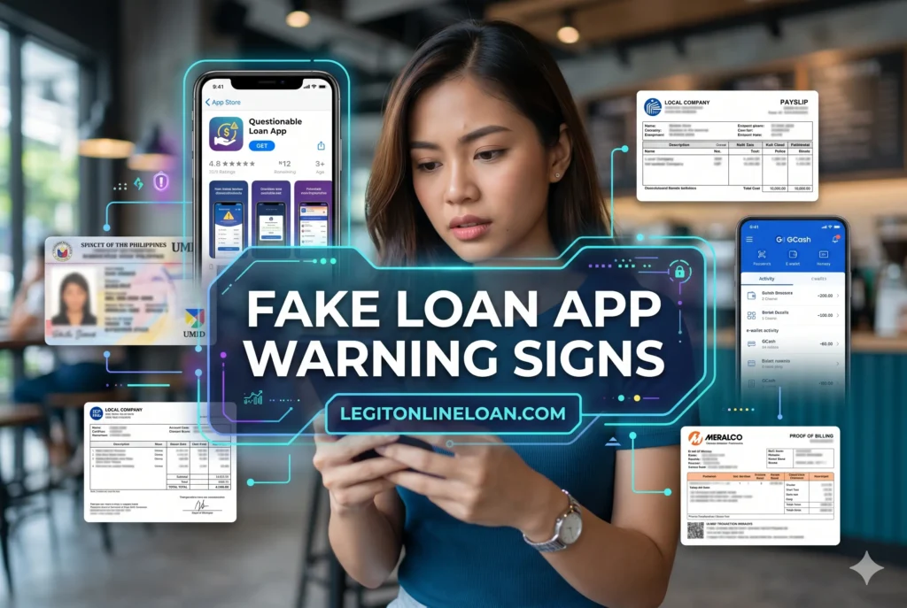 Examples of suspicious online lending app behaviors including APK downloads, missing company details, and fake developer information