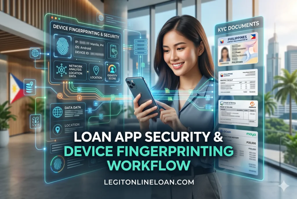 Loan App Security and Device Fingerprinting Workflow Fraud prevention system analyzing device information during digital loan application