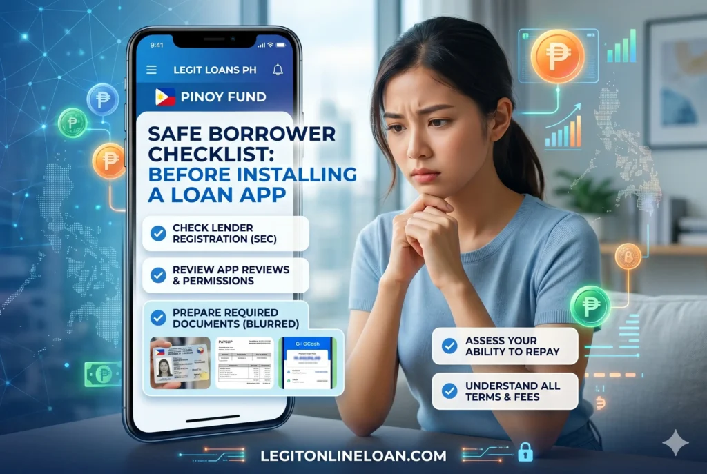Philippine borrower reviewing online loan app safety checklist including SEC verification and app publisher validation